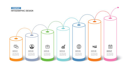 Infographics cylinder timeline with 7 number data template. Vector illustration abstract background.