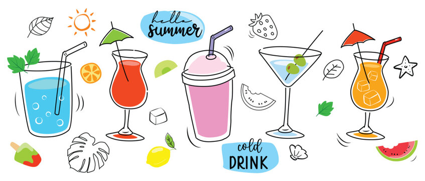 Tropical drinks summer set menu. Cold drinks with hand drawn illustration. Fruit smoothie, cocktails, alcoholic drinks.