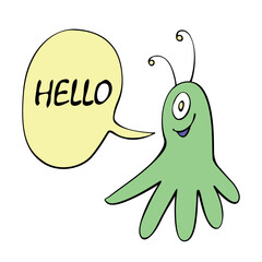 Vector cute green funny alien in doodle flat style. Simple color illustration, decorative element, clip art on theme of UFO, space, kids design, first contact