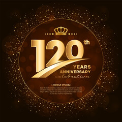 120th anniversary logo with gold numbers and glitter isolated on a gradient background