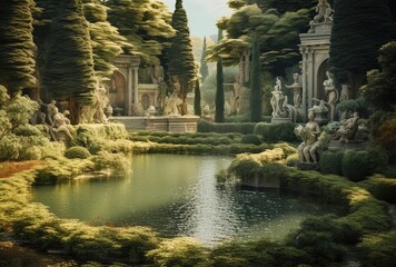Naklejka premium a pond surrounded by waterfalls, generative ai