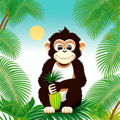 A smiling monkey sits on a palm tree. Cartoon chimpanzee with pineapple.