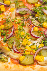 Fototapeta na wymiar Food textures top view, close-up. Pizza close-up