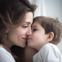 Loving mother holding a baby boy at white background
