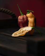 Pimenta leopard yellow pepper. Hot Italian peppers and half pepper cutaway view. Pepper seeds....