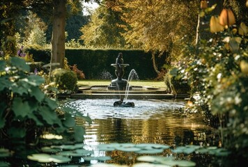 Fototapeta premium a pond with an water fountain surrounded by trees, generative ai