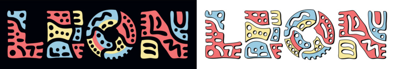 LEON. Doodle isolate text. Colored curves decorative doodle letters. Folk artwork style. Place in Mexico LEON for print, Mexican booklet, banner, flyer. Stock vector.