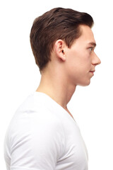 Fashion, face and profile of man on a white background with confidence, thinking and thoughtful...