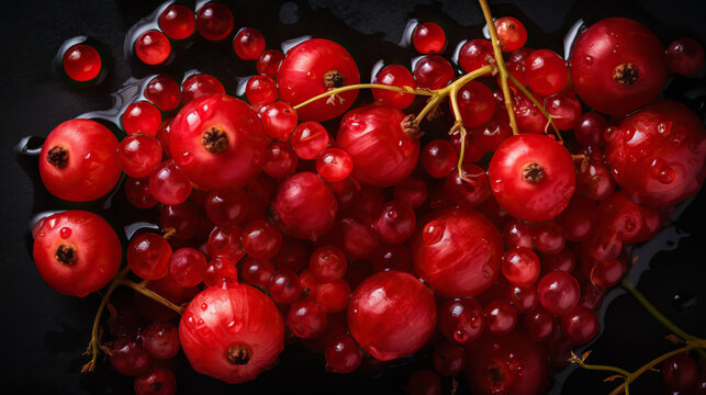 Fresh ripe redcurrant with water drops background. Berries backdrop. Generative AI