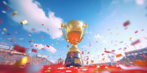 Golden trophy in stadium blue sky background, Champion cup of sport competition. Generative AI