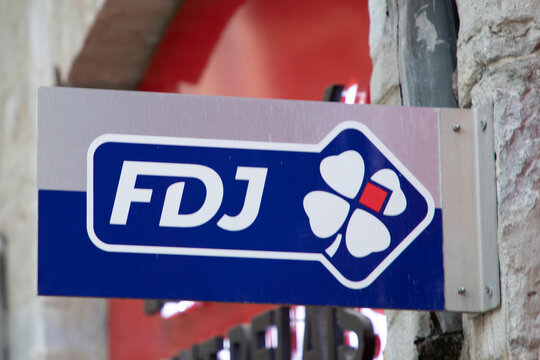fdj logo brand French national lottery operator office store sign text Francaise des Jeux shop facade france