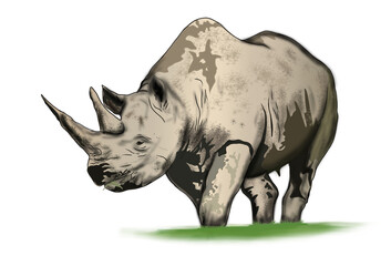 Fototapeta premium The two -horned rhino is eating grass in the open in the white background