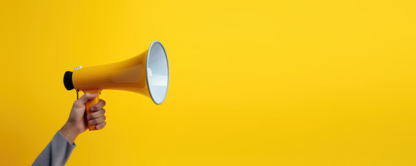 Hand holding megaphone on yellow background. Hiring, advertising and marketing concept. Generative AI