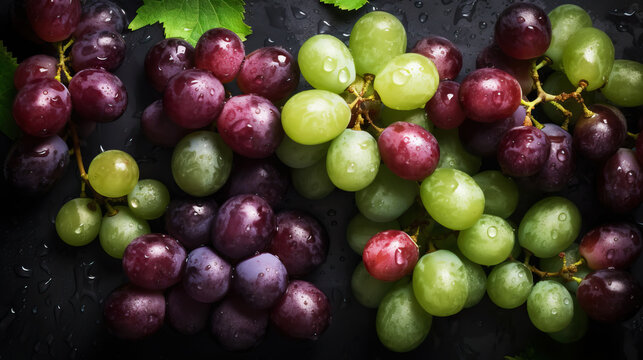 Fresh ripe grapes with water drops background. Berries backdrop. Generative AI
