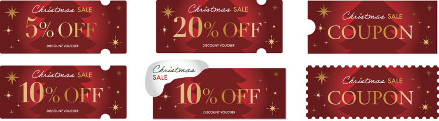 クリスマスに使える赤いクリスマスツリーの割引セールクーポンのベクターデザインセット