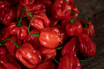Red hot habanero pepper. Lot of ripe peppers on wooden surface. Pepper harvest. Bright spices. Spicy food. Mexican pepper. Wooden background. Close-up. Soft focus. Top view. 