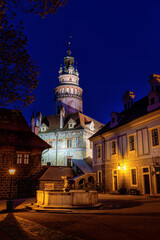 Fototapeta na wymiar UNESCO Town Cesky Krumlov (Czech Republic) - Renaissance castle tower with a long staircase to the viewing gallery overlooking the city and the Vltava River.