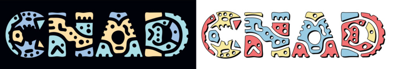 CHAD Hashtag. Doodle isolate text. Colored curves decorative doodle letters. Folk artwork style. Country name CHAD for travel print, tourist booklet, banner, flyer.