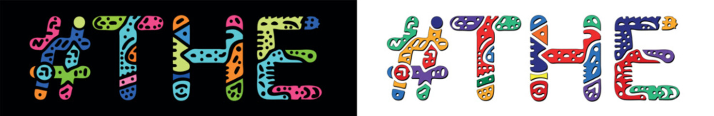 THE Hashtag. Multicolored bright isolate curves doodle letters. Trendy popular Hashtag #THE for print, Presentation booklet, banner, flyer. Stock vector.