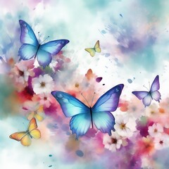 A lot of fantacy butterflies with spring flowers background. Beautiful Whimsical Butterflies watercolor Style. Colorful flowers and butterflies on a spring flowers background, Generative AI