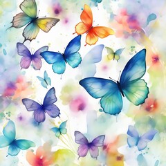 A lot of fantacy butterflies with spring flowers background. Beautiful Whimsical Butterflies watercolor Style. Colorful flowers and butterflies on a spring flowers background, Generative AI