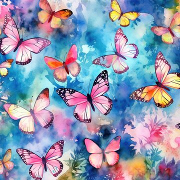 A lot of fantacy butterflies with spring flowers background. Beautiful Whimsical Butterflies watercolor Style. Colorful flowers and butterflies on a spring flowers background, Generative AI
