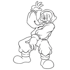 coloring illustration of cartoon rapper skeleton