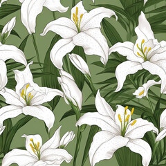 Lily flower seamless pattern. Floral seamless background. Generative AI