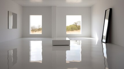 Streamlined Minimalist Space Concept in 16:9 Aspect Ratio with Polished Epoxy Resin Floors, Contemporary Charm, Uncluttered Geometry, and Refined Effortlessness, Generative AI Illustration
