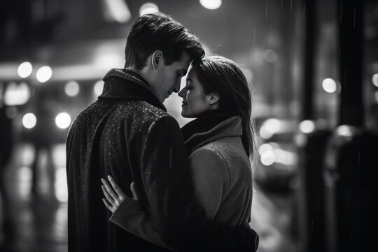Young couple in love share a kiss on a rainy evening in B&W, black&white. Generative AI
