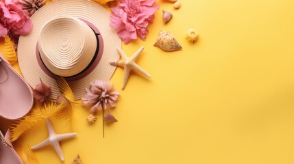 Obraz na płótnie Canvas Vivid Yellow Summertime Getaway Display in 16:9 Aspect Ratio, Leisure and Vacation Backdrop, Rosy Flatlay Incorporating Exotic Foliage, Blooms, Marine Shells, and Starfish, Generative AI Illustration