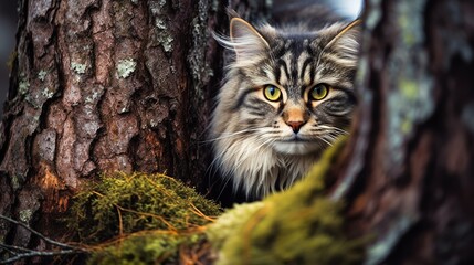 Naklejka na ściany i meble Playful Norwegian Forest Cat Hiding Behind a Tree