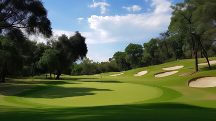 Naklejka premium Golf course at sunny day. Generative AI