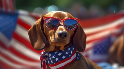 Patriotic Pooch: Dachshund  Celebrating the Fourth of July Wearing Sunglasses