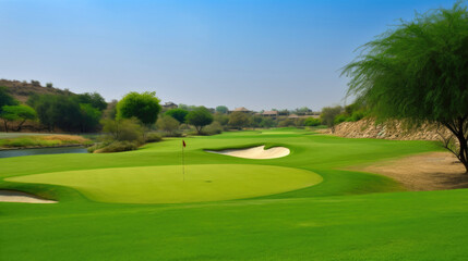 Golf course at sunny day. Generative AI