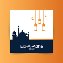 Eid al adha mubarak islamic festival social media banner,Vector illustration islamic background with beautiful mosque design, stars, moon and lanterns.