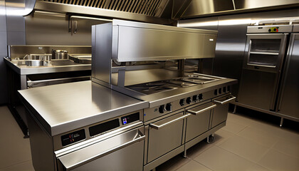 Fototapeta premium Professional kitchen, view counter in stainless steel. Generative AI