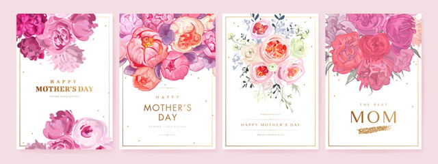 Mother's day poster, banner or greeting card set with hand drawn bouquet of flowers and golden eleements on white background