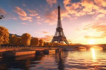 Fototapeta na wymiar Emblematic Eiffel Tower Amid Twilight in 16:9 Aspect Ratio, Mesmerizing Parisian Monument, Amorous Ambiance, Astonishing Urban Panorama, Auriferous Hour Imagery, Generative AI Illustration
