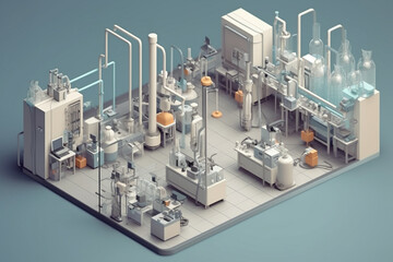 Chemistry lab, 3d rendering, illustration. Isometric view. Generative AI