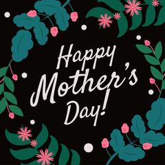 Happy Mother's Day Greeting Flat Design Flower With Black Background
