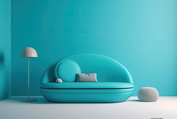 a small turquoise couch surrounded by pillows, generative ai
