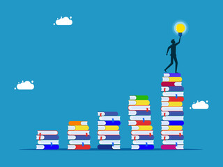 Growing knowledge or learning hierarchy. man holding a light bulb on a growing pile of books vector