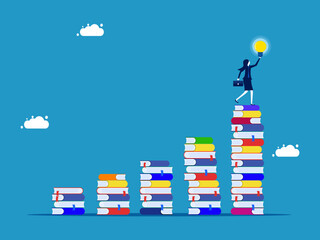 Growing knowledge or learning hierarchy. Businesswoman holding a light bulb on a growing pile of books vector