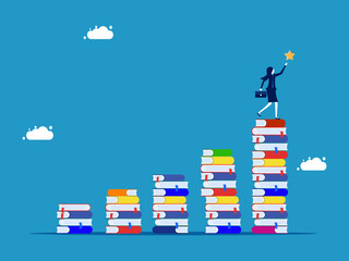 Educational success or success sequence of learning. Businesswoman holding a star on a pile of books growing up vector