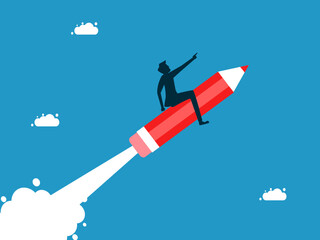 Independent business creation or business development. man flying with a pencil vector