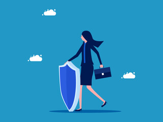 Protection. Businesswoman standing with a shield. business concept vector
