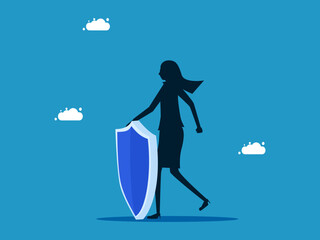 Protection. woman standing with a shield vector illustration