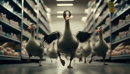 a group of geese run wild among the shelves of a supermarket -generative ai