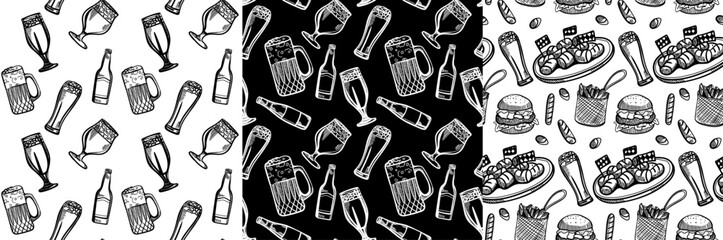 Street Food Seamless Pattern set. Wrapping paper design. Yellow engraving style illustrations of burger and beer. EPS10 vector illustration.